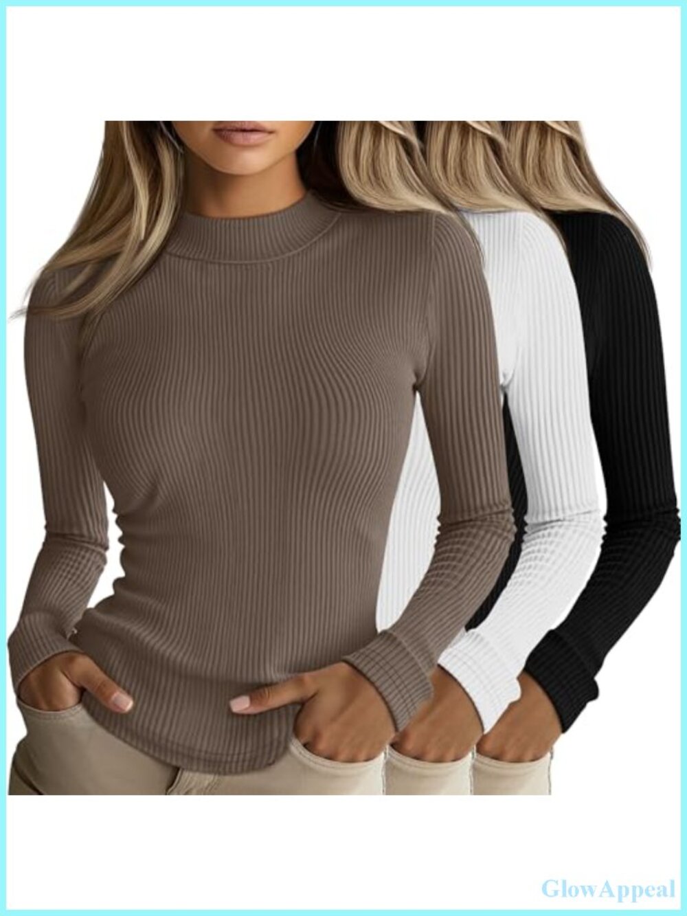 Ribbed Mock Neck Long Sleeve T-Shirts Stretch Fitted 3 Pack